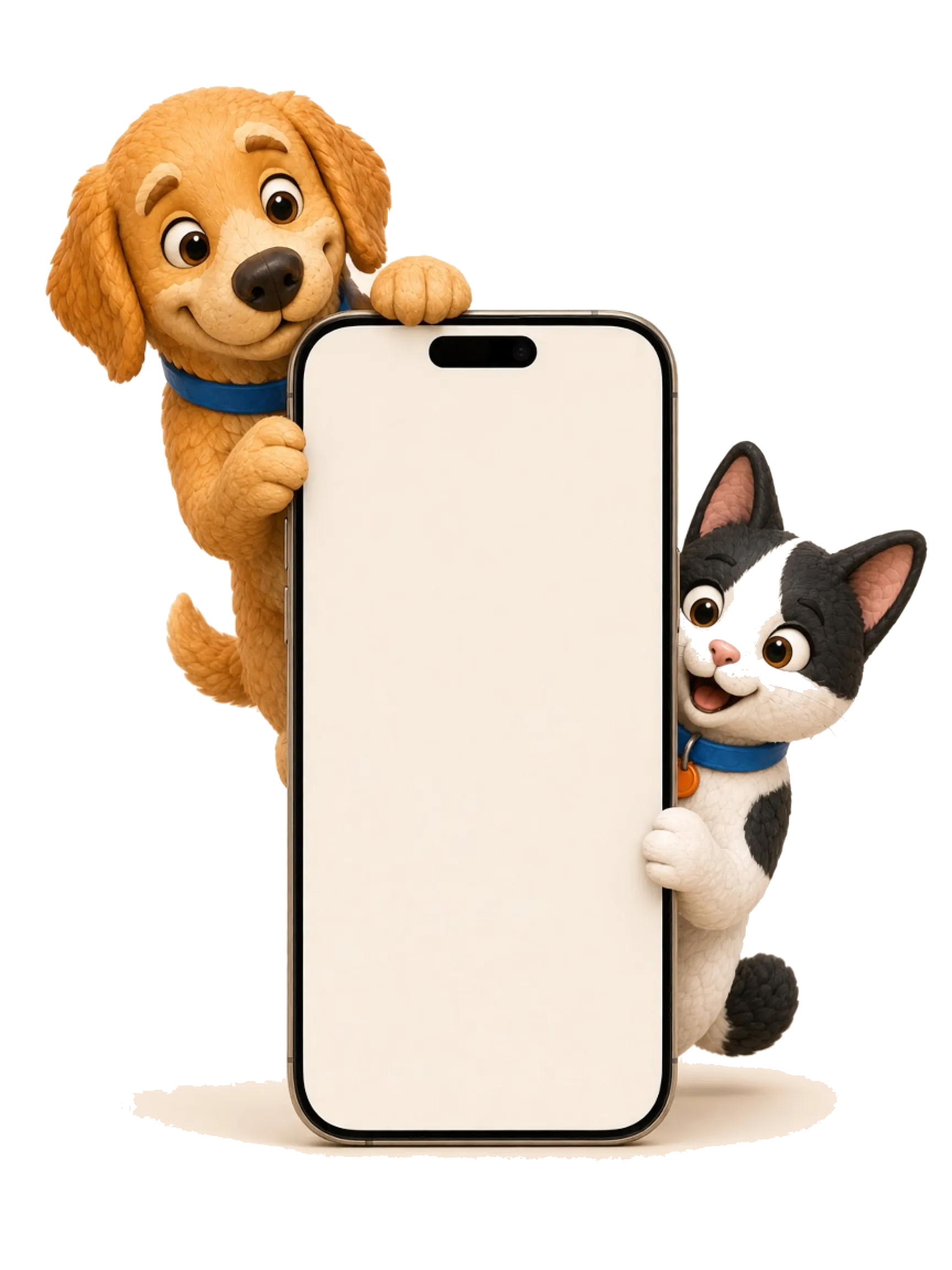 Un iPhone con Pawssport. El Golden asoma arriba a la izquierda y la gata bobtail a la derecha, como si miraran la pantalla.