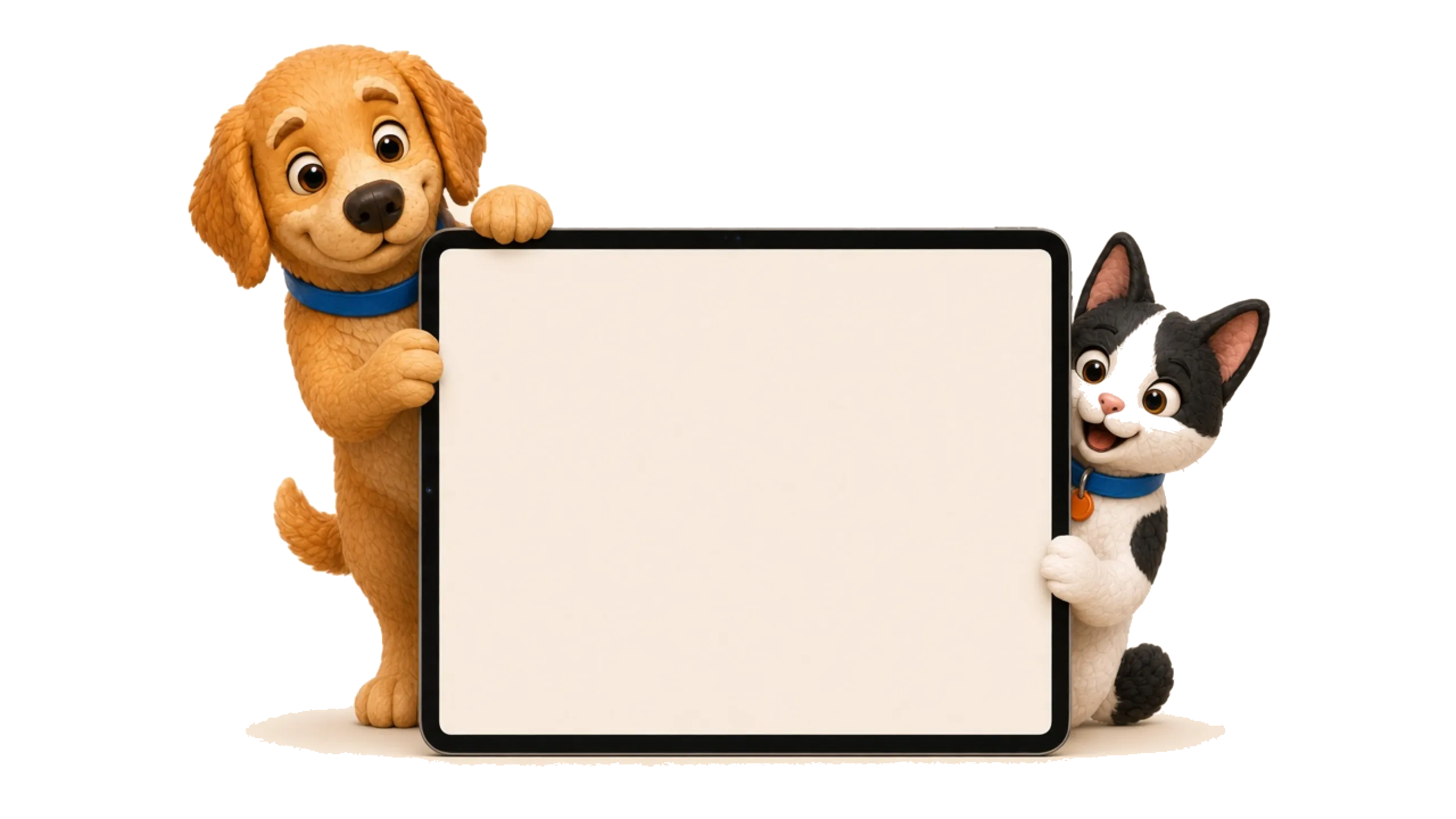 Una tablet con Pawssport. El Golden y la gata bobtail asoman por los costados.